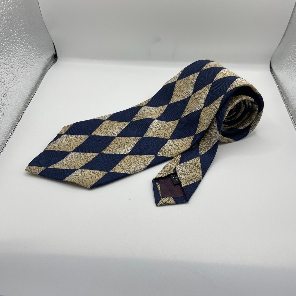 Structure Mens Beige Blue Diamond Silk Business Formal Pointed Elegant Neck Tie